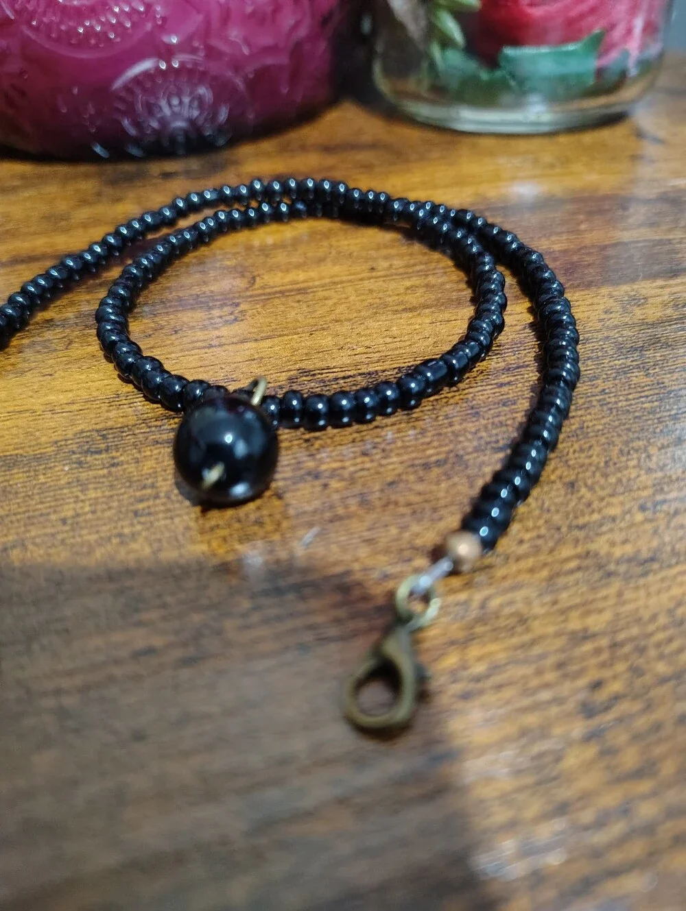 Black Beaded Men's Necklace with Pendant Accent Bead